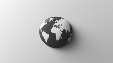 A simple, black and white globe with the continents outlined in white. This minimalist image is perfect for travel agencies and global travel companies.の素材