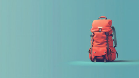 A stylized image of a red backpack against a minimalist blue background, symbolizing travel and adventure.の素材