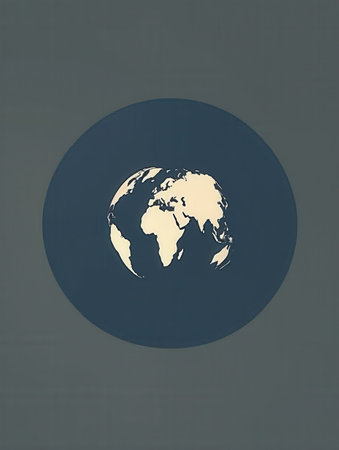 A simple, minimalistic illustration of a white globe with continents outlined on a blue circle.の素材