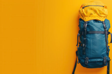 A minimalist image showing a bright orange backpack on a simple, light blue backdrop. This simple yet impactful image symbolizes adventure, travel, and exploration. Generative AIの素材