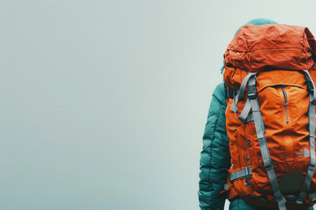 A minimalist image showing a bright orange backpack on a simple, light blue backdrop. This simple yet impactful image symbolizes adventure, travel, and exploration. Generative AIの素材