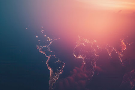 A simple, stylized outline of the Earth with continents. The image features a purple and pink gradient background that evokes a sunset.の素材