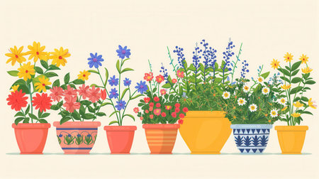 A row of potted flowers with various blooms and decorative pots sits on a light yellow background. The image evokes a sense of home and warmth.の素材