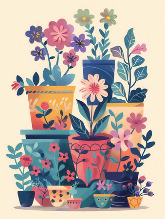 A cheerful illustration featuring colorful flower pots with blooming flowers, perfect for garden centers and home decor stores.の素材