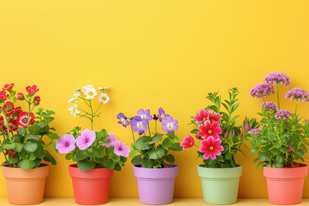 A vibrant display of potted flowers against a bright yellow wall, perfect for adding a touch of nature to any home or garden.の素材