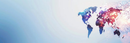 A clean, modern illustration of a world map with continents in a blue and purple color scheme. The image is perfect for travel agencies and global travel companies.の素材