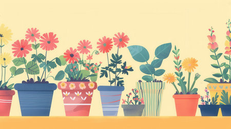 A cheerful arrangement of potted flowers in various decorative pots, showcasing a colorful and inviting home decor display perfect for any garden center or home goods store.の素材