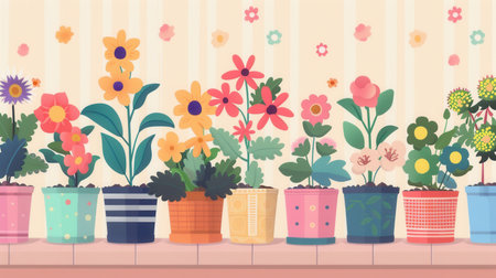 A vibrant display of potted flowers in various colors and decorative pots, perfect for a home or garden center.の素材
