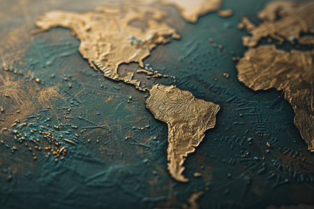 A close-up shot of a golden globe with embossed continents, showing a minimalist design ideal for travel agencies and global travel companies.の素材