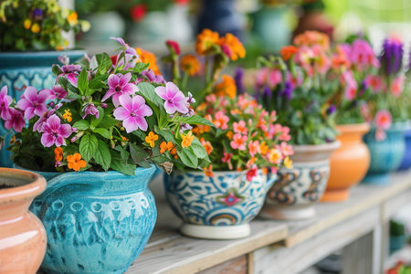 A row of vibrant potted flowers in various decorative pots at a garden center.の素材