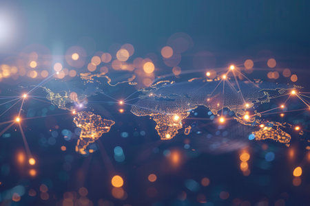 A minimalist illustration of a connected world map with illuminated continents and lines. Perfect for travel agencies and global travel companies.の素材