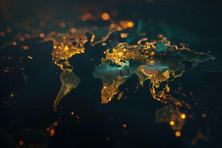 A minimalist world map with glowing continents, perfect for travel agency and global travel company branding.の素材