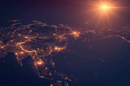 A minimalist illustration of the Asia continent at night, with city lights illuminating the landmass. The image is perfect for travel agencies and global travel companies.の素材