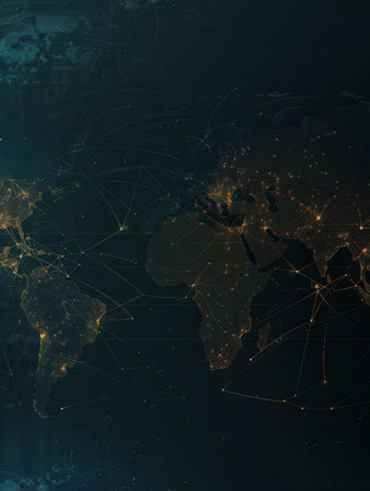 A simple and modern illustration of the globe, showing all continents with clean lines and connecting dots representing global connectivity.の素材