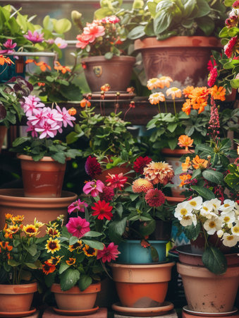 A vibrant display of colorful flowers in terracotta pots, showing the beauty and variety available at a garden center.の素材