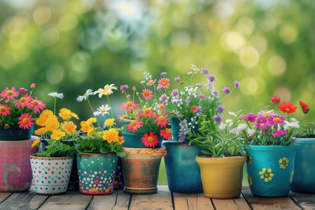 A collection of colorful flowers in decorative pots, creating a vibrant and homey scene perfect for garden centers and home decor stores.の素材