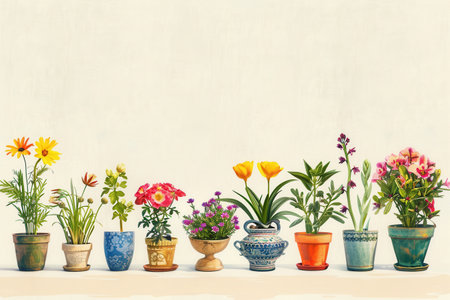An assortment of colorful flowers in decorative pots, perfect for adding a touch of nature and vibrancy to any home.の素材