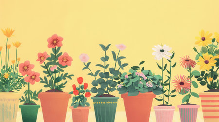 A colorful arrangement of potted flowers in various decorative pots, showcasing a lively and welcoming atmosphere perfect for a home garden center.の素材