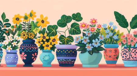 A vibrant display of colorful potted flowers in a home decor setting, perfect for garden centers and home goods stores.の素材