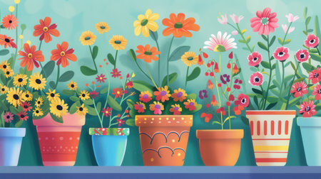 A colorful display of flower pots with a variety of blooming flowers, perfect for home dの素材