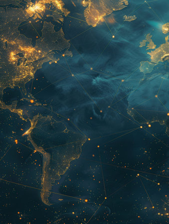 A simple, clean line illustration of a globe with continents and city lights. Perfect for travel agencies and companies.の素材