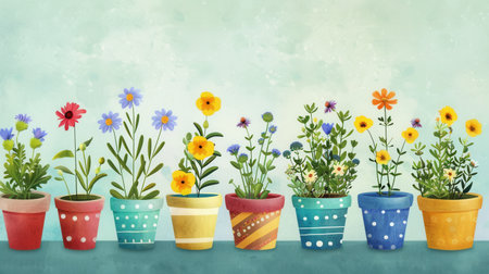 A cheerful arrangement of colorful flowers in decorative pots, perfect for adding a touch of nature to your home.の素材