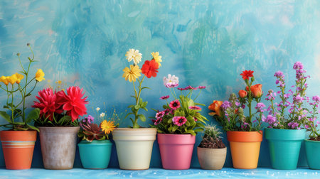 A collection of vibrant flowers in decorative pots against a blue background, creating a cheerful and inviting scene perfect for garden centers or home decor stores.の素材