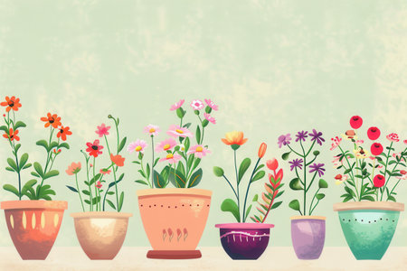 A row of flower pots with vibrant flowers displayed in a home decor store.の素材