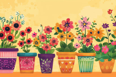A row of potted flowers with colorful blooms and patterned pots against a yellow background.の素材