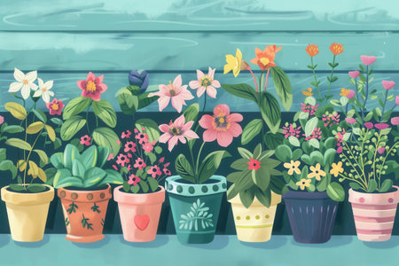 A vibrant display of blooming flowers in various colorful pots arranged against a blue wooden backdrop. This cheerful scene is perfect for home dの素材