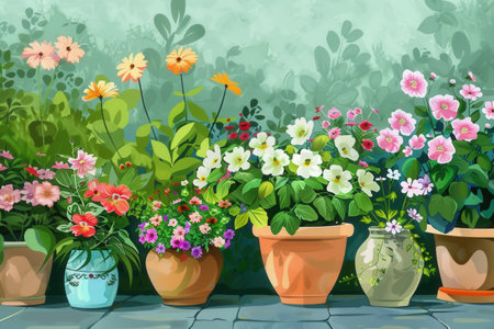 A vibrant scene of flowers in decorative pots. The scene is perfect for garden centers or home decor stores.の素材