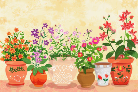 A vibrant arrangement of potted flowers with various colors and designs, perfect for a home decor store or garden center.の素材