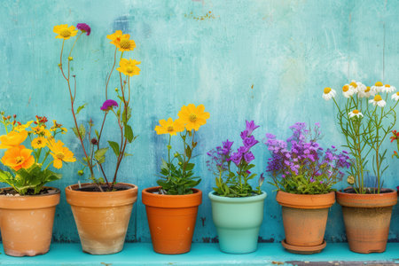 A row of potted flowers in various colors and styles, displayed against a bright turquoise wall. This scene evokes a sense of warmth and homeliness.の素材