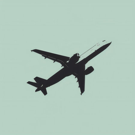 A minimalist silhouette of an airplane in flight, set against a light blue sky. Perfect for airline and travel-related branding.の素材