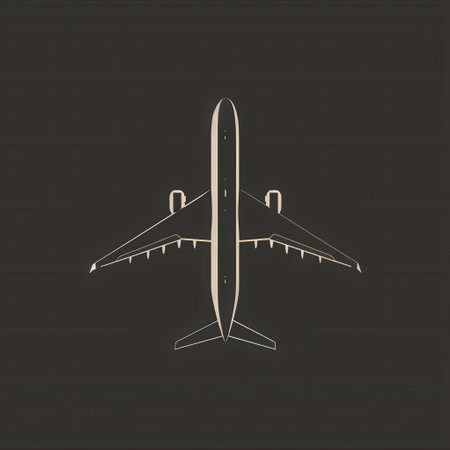 A clean, minimalist silhouette of an airplane in flight against a black background.の素材