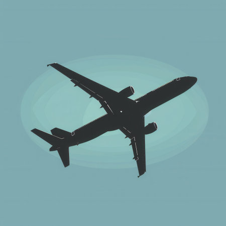 A minimalistic silhouette of a commercial airplane in flight against a light blue sky. Perfect for use in marketing materials for airlines and flight booking agencies.の素材