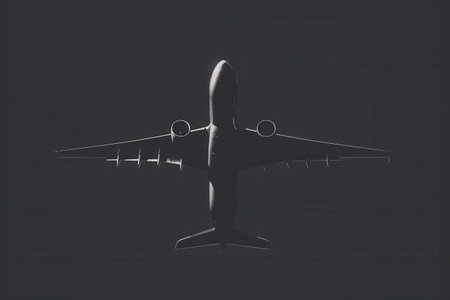 A minimalist silhouette of an airplane in flight against a dark sky. The image is perfect for airlines and flight booking agencies.の素材