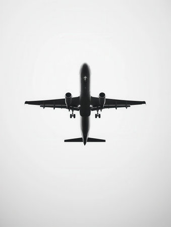 A minimalistic silhouette of an airplane in flight, captured against a cloudy sky. Perfect for airline and flight booking agency branding.の素材