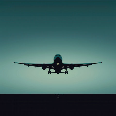 A sleek, minimal silhouette of an airplane landing on a runway at dusk.の素材