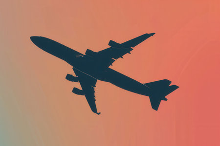 A minimalist silhouette of an airplane flying through the sky, perfect for travel and airline branding.の素材