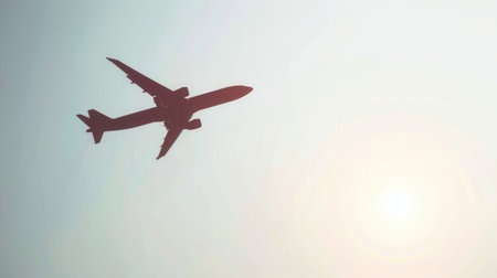 A minimalist silhouette of an airplane in flight against a clear blue sky with the sun shining brightly in the distance.の素材