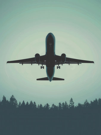 A minimalistic silhouette of an airplane taking off over a forest, perfect for airlines and flight booking agencies.の素材