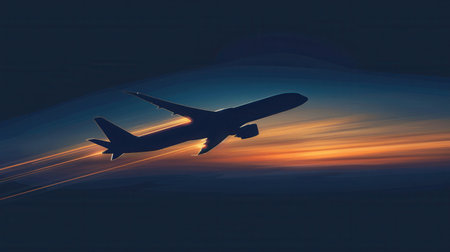 A minimalistic and sleek silhouette of an airplane in flight against a vibrant sunset sky.の素材