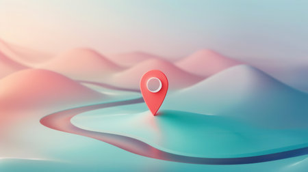 A minimalistic and modern design showcasing a red location pin on an abstract map with soft pink and blue gradients.の素材