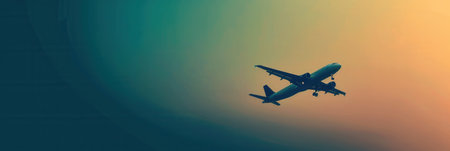 A minimalistic silhouette of an airplane in flight against a vibrant sunset sky. Perfect for travel and aviation brands.の素材
