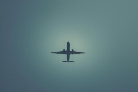 A minimalistic silhouette of an airplane in flight against a blue sky, perfect for airlines and travel agencies.の素材
