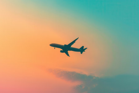 A minimalist silhouette of an airplane in flight against a stunning sunset sky. Perfect for travel and airline marketing.の素材