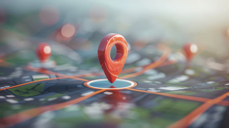 A red location pin on a modern, clean city map. The background is blurred, creating a minimalist and sleek aesthetic perfect for navigation apps and travel services.の素材