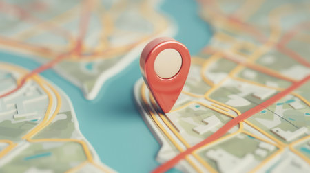 A minimalist and sleek image featuring a red location pin placed on a modern city map.の素材