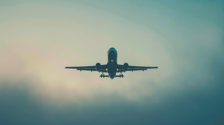 A minimalist silhouette of an airplane in flight against a hazy sky. Perfect for airlines and flight booking agencies.の素材